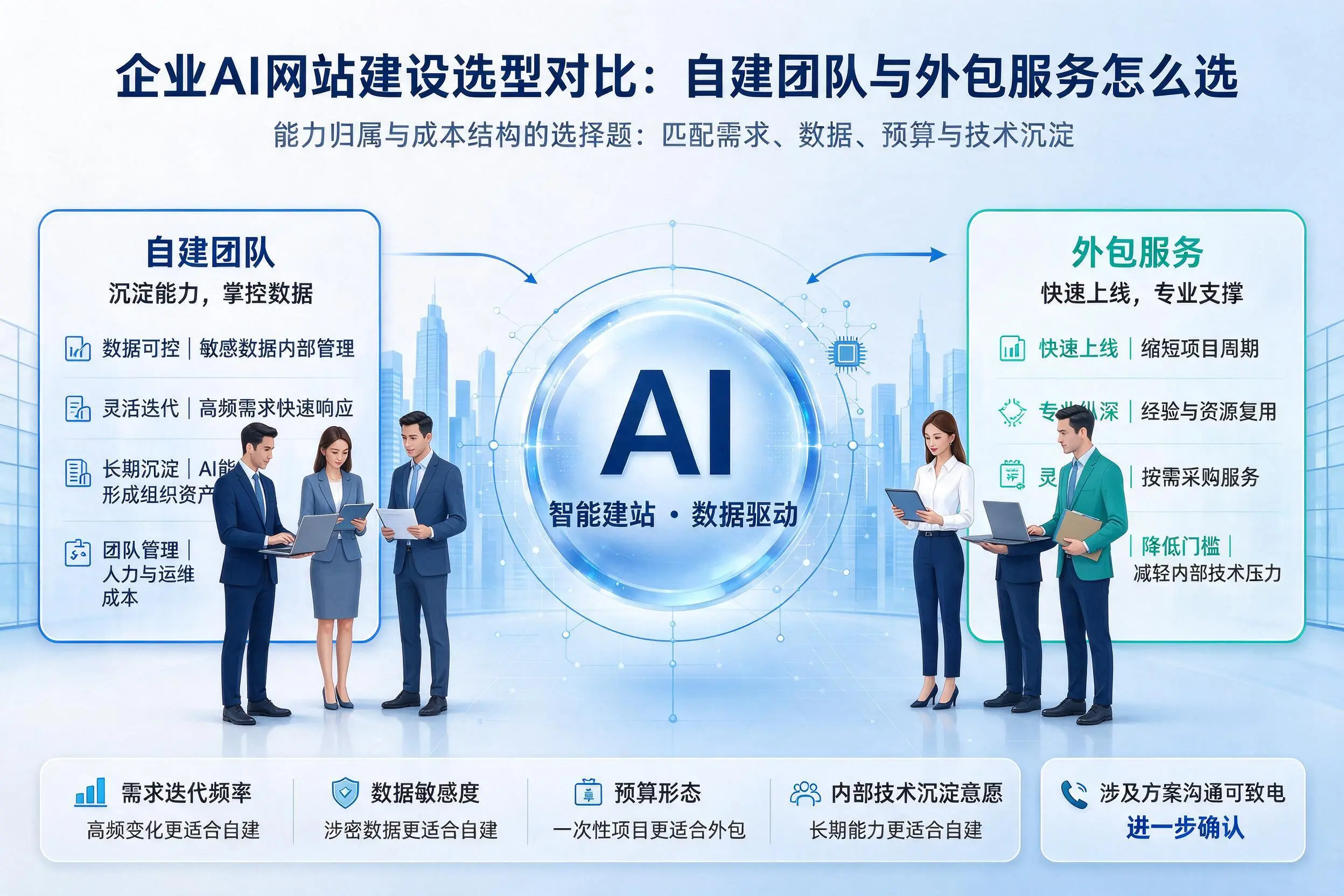 清远企业AI网站建设选型对比:自建团队与外包服务怎么选